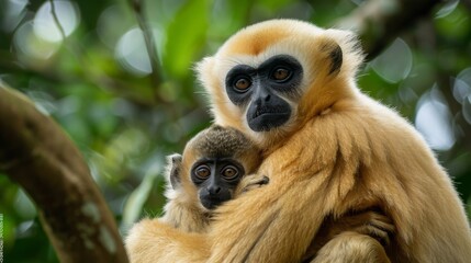 Fototapeta premium close image of Yellow Cheeked Gibbon monkey (Nomascus Gabriallae) mother with child in the forest