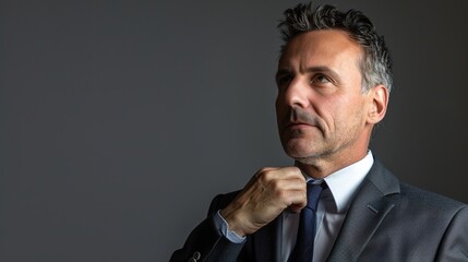 Classic Business Look - Middle-aged businessman adjusting tie on grey background