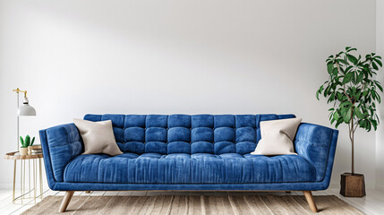 Modern living room interior design with blue sofa and beige carpet