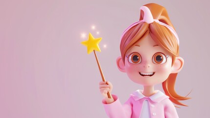 Fototapeta premium A cheerful cartoon girl with brown hair and a pink jacket holds a magic wand with a yellow star on top.