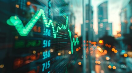 Dynamic Stock Market Ticker with Green Arrows Indicating Bullish Trend in Urban Setting