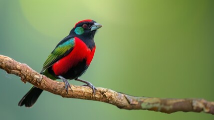 Obraz premium Crimson-backed Tanager perched on a tree branch on green background