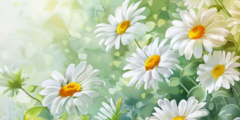 white daisies with a yellow center and green leaves against a detailed background, generative AI