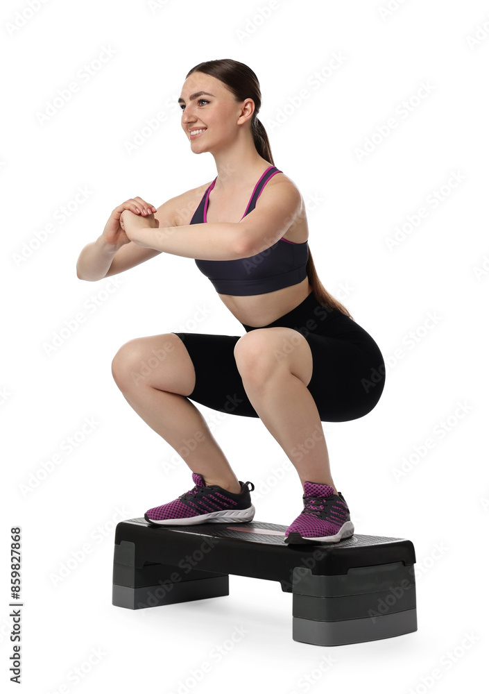 Sticker Young woman doing aerobic exercise with step platform on white background