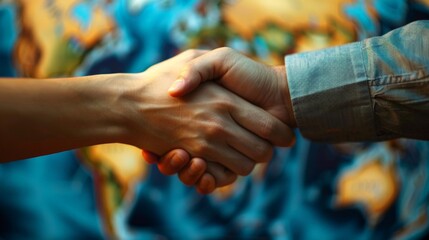 Two people shaking hands in front of a blurred world map, symbolizing a business deal, merger, or acquisition.