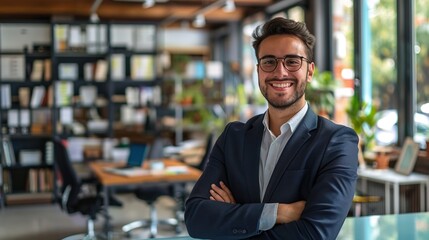 Fototapeta premium Confident Young Businessman Smiling in Stylish Open-Plan Office with Copy Space