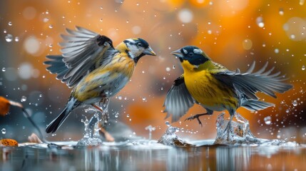 Dispute of eurasian siskin, spinus spinus, and great tit, parus major, in autumnal nature. Conflict of passerine birds with color