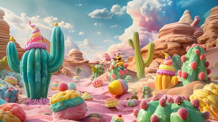 A playful cartoon landscape where cheerful cacti characters made of colorful pudding explore a candy-coated desert