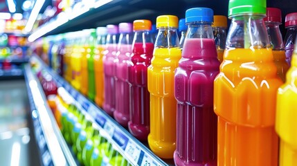 A brightly lit supermarket aisle featuring a shelf stocked with colorful juice bottles in a variety of shapes and sizes, showcasing vibrant labels against a clean, white background.