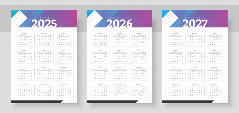 2025, 2026 and 2027 calendar set. The week starts on Sunday. Simple calender layout. Yearly diary. Stationery template with 12 months, Organizer in English. Pocket or wall formats.