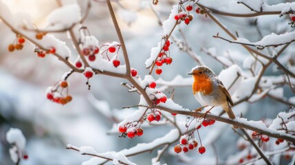 Facing right on a snow covered tree branch with red berries. Scientific name Erithacus rubecula. Space for copy