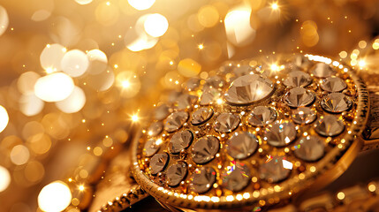 Country western is the sparkle of a rhinestone-studded belt buckle: Illustrate a close-up of a rhinestone-studded belt buckle catching the light, symbolizing the flashy style of country western fashio