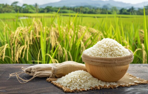 White rice in a wooden bowl and linen bag with a background of blurry rice paddy fields
