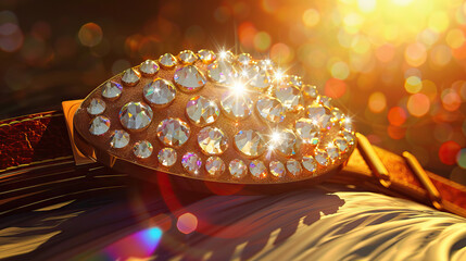 Country western is the sparkle of a rhinestone-studded belt buckle: Illustrate a close-up of a rhinestone-studded belt buckle catching the light, symbolizing the flashy style of country western fashio