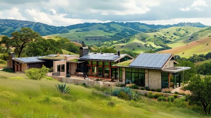 Fototapeta premium luxury house exterior with sky background in green field and mountains covered with green grass 