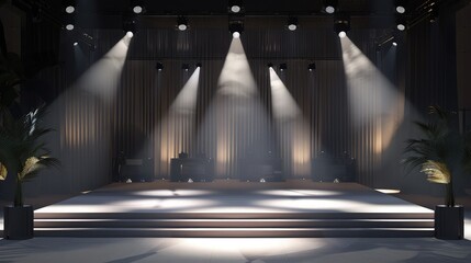 A corporate event stage set in a sleek, professional style, with spotlights strategically placed to...