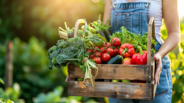 Farmer woman holding wooden box full of fresh raw vegetables. Basket with vegetable