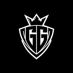 GG Letter logo with sharp triangle shield shape with crown inside white outline on black background template design