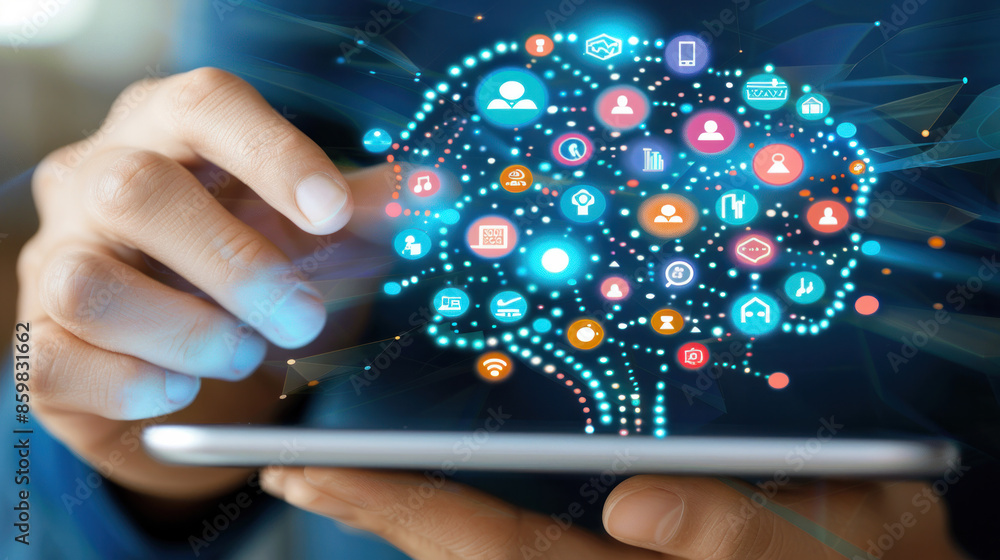 Aufkleber a person is holding a tablet with a brain-like design on it. the design is made up of various icons 