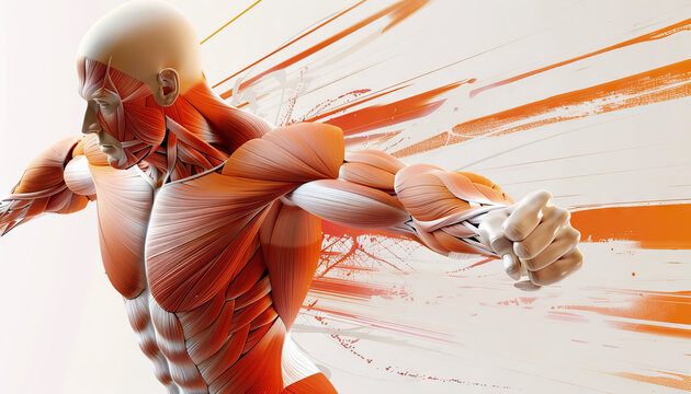 Muscles are the engine of motion: Illustrate a person in motion, with muscles visibly contracting and flexing, symbolizing that muscles are the driving force behind movement