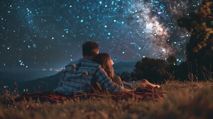 Romance under the Stars - Couple Lying on a Blanket Gazing at Night Sky