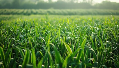 Fototapeta premium Lush Green Grass Field in the Morning Sun