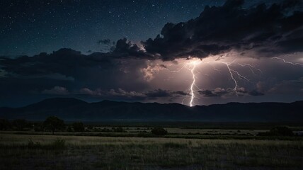 sky filled with dynamic motion and dramatic impact. Fast-moving clouds, Lightning bolts illuminating the clouds with intense flashes of light.