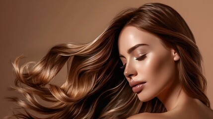Fototapeta premium Beautiful woman with long flowing brown hair, cosmetic salon, beauty, shampoo, hairstyle and women's hair care.