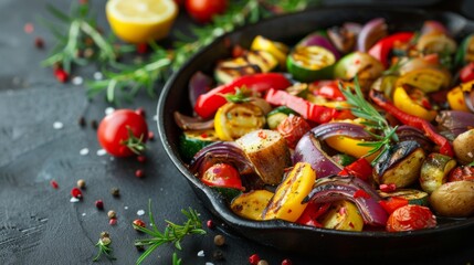 Grilled assorted vegetables in cast iron pan on dark background, with copy space