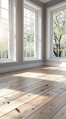 Fototapeta premium Sunlight Streaming Through Windows onto Wooden Floor.