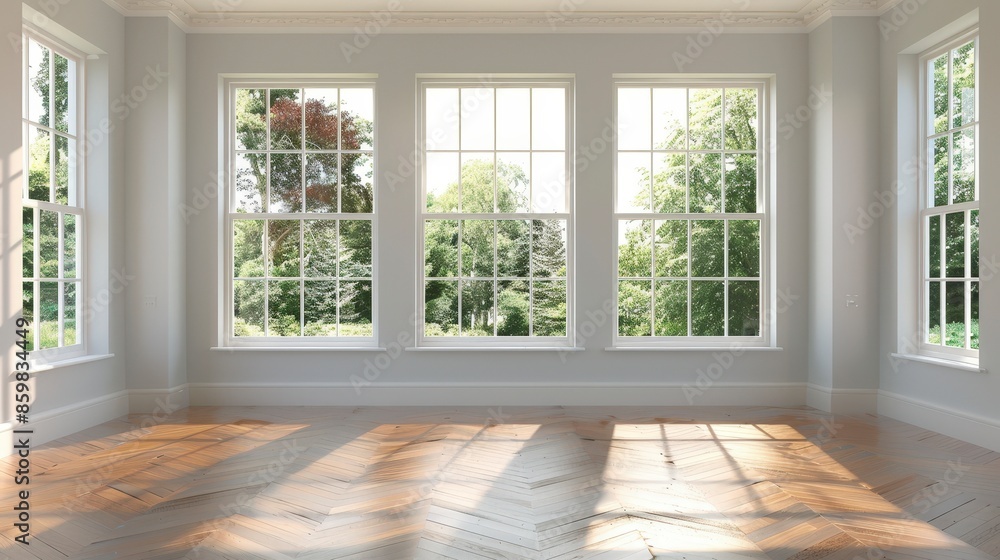 Wall mural Empty Room with Large Windows and Hardwood Floor.