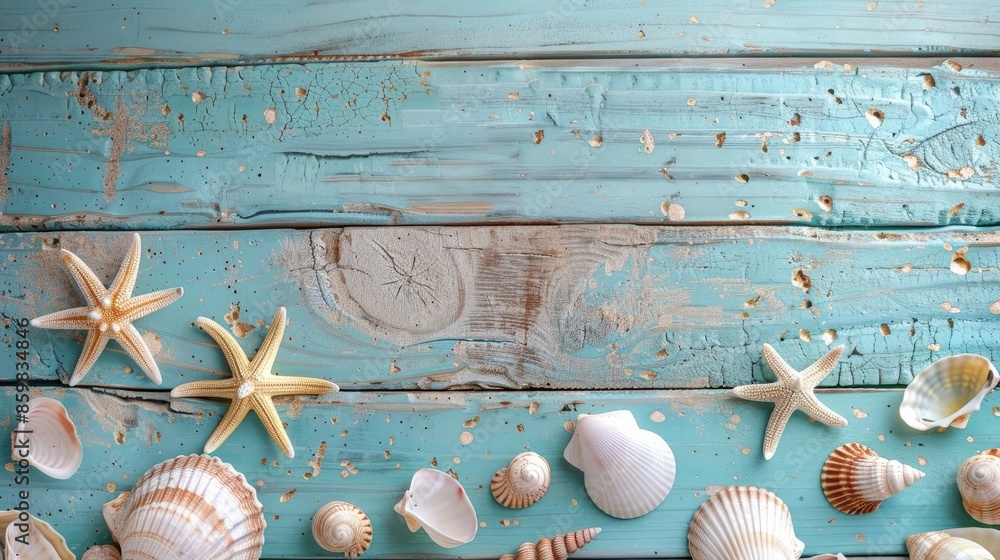 Canvas Prints Summer vacation backdrop with shells on wood travel and sea theme