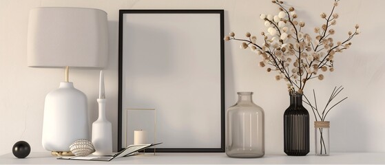 Black poster frame mockup in cozy white interior background.