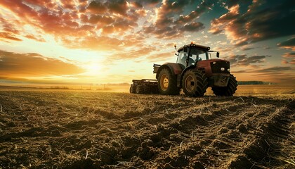 Fototapeta premium Tractor in a Field at Sunset