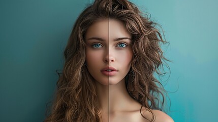 Naklejka premium Before and after retouching. Portrait of beautiful young woman looking at camera.