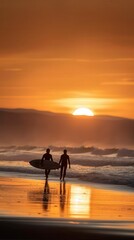 Silhouette of two surfers walking along beach at sunset.