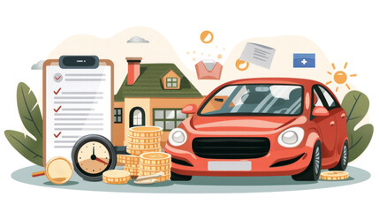 A red car is parked in front of a house with a house plan on a table. The car is surrounded by a pile of coins and a clock. Concept of financial planning and budgeting for a new car