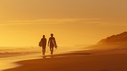 Silhouette of two surfers walking on the beach at sunset.