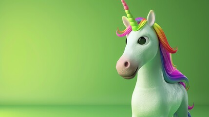 A cartoon unicorn with a rainbow mane and horn on a green background.
