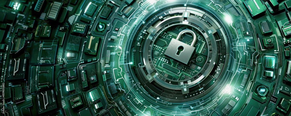 Poster a green image of a computer chip with a lock on it