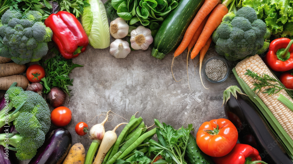 Aufkleber a variety of vegetables and fruits are arranged in a circle on a countertop. concept of abundance an