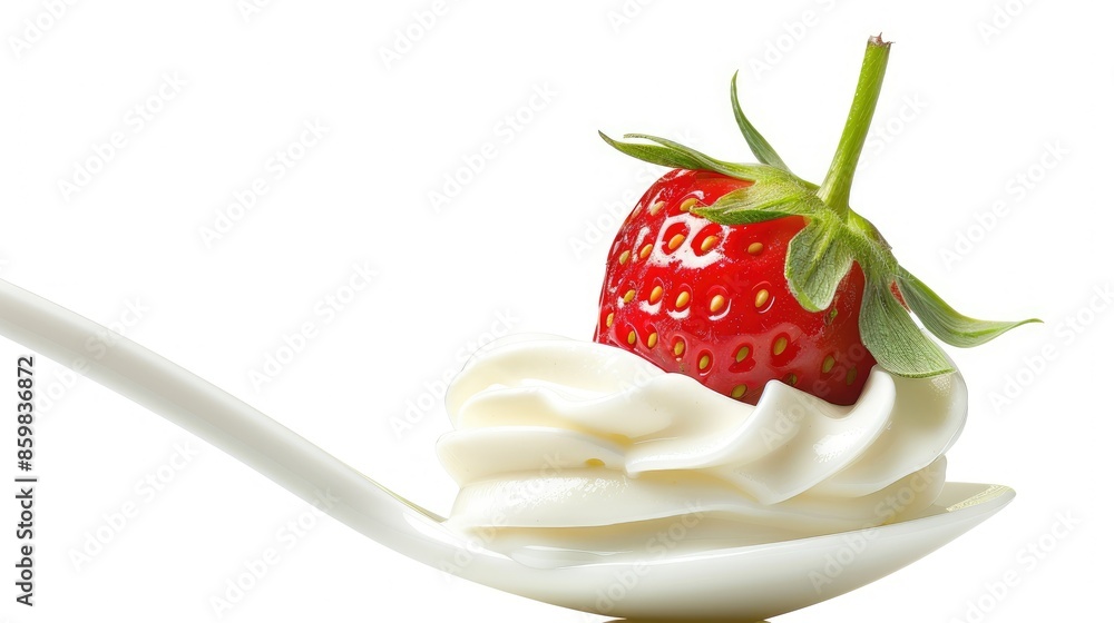 Poster delicious yogurt and strawberry in a spoon, isolated on white with smooth wave patterns