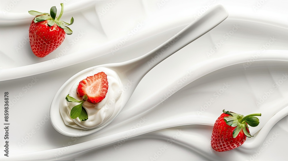 Poster delicious yogurt and strawberry in a spoon, isolated on white with smooth wave patterns