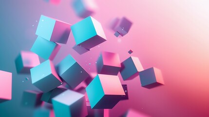 A cluster of blue and pink cubes in front of a pink and blue gradient.