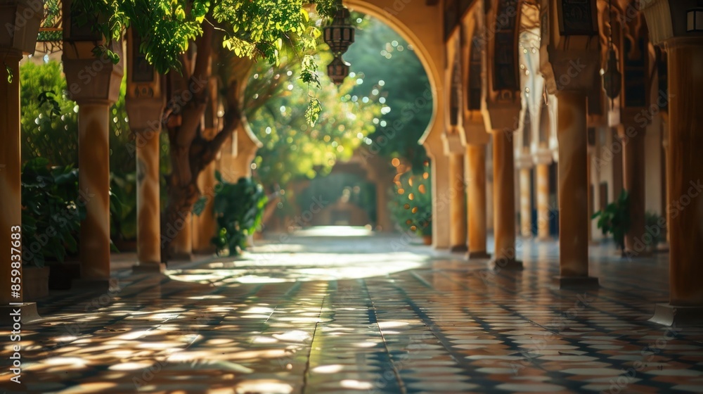 Poster sunlight filtering through columns in a moroccan courtyard
