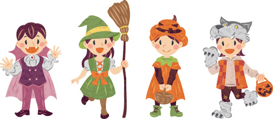 10月　ハロウィーン　仮想衣装を着た子供たちのイラスト	