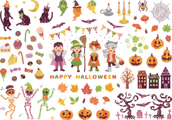 Fototapeta premium 10月 ハロウィーン 仮想衣装を着た子供たち ジャックオランタン イラスト素材セット