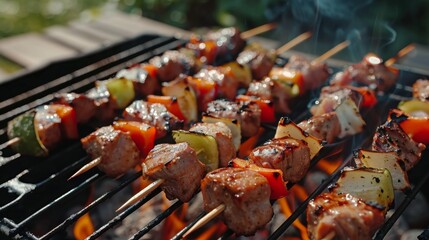 Homemade and tasty skewers on grill with meat and vegetables in summer