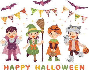 10月　ハロウィーン　仮想衣装を着た子供たちのイラスト