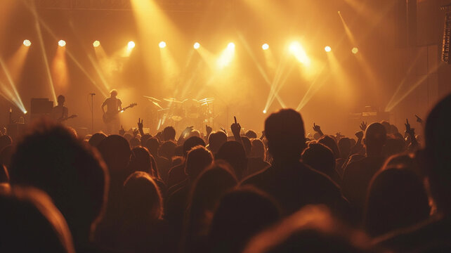 Numerous spectators observing a music group on stage